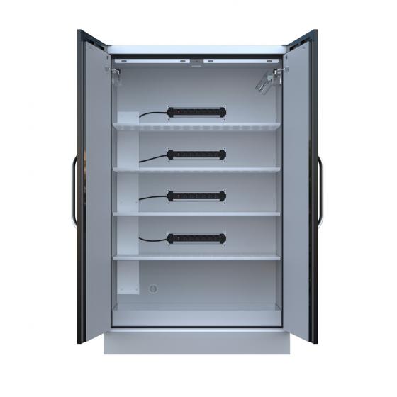 Armoire LithiumVault 2 portes avec extincteur FirePro et racks de prises électriques