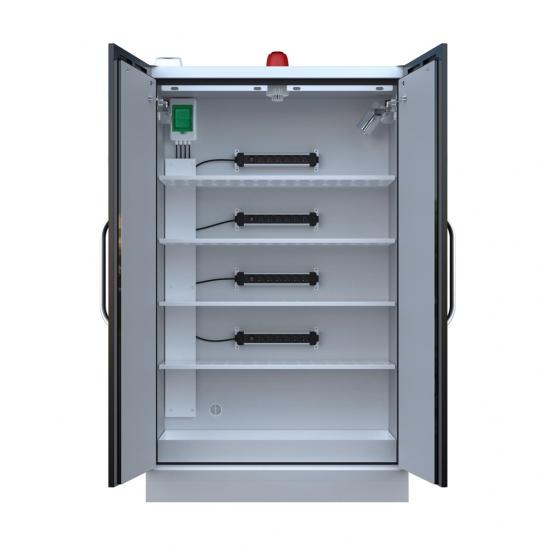 Armoire LithiumVault 2 portes avec extincteur FIREPRO et racks de prises électriques